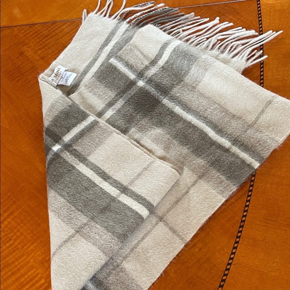 NWT La Seine cashmere  plaid long scarf  unisex in brown  and Cream 12x74